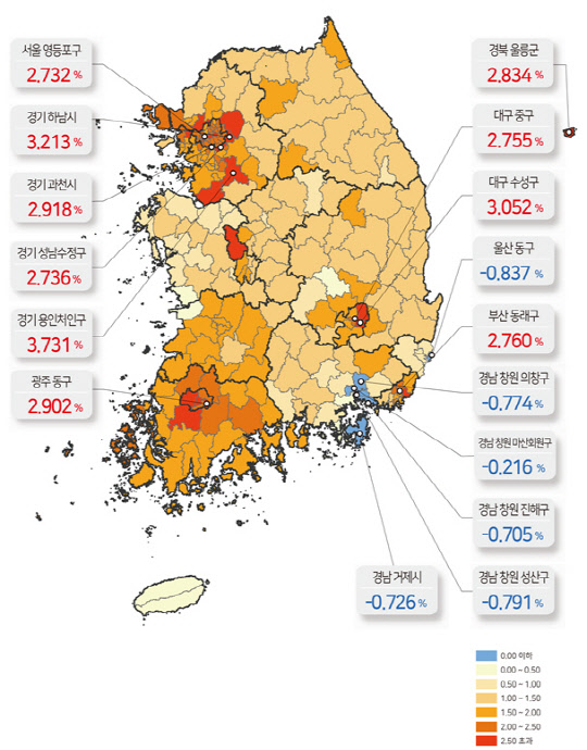 3기 신도시 개발이 추진되는 지역의 땅값이 올해 상반기 가장 많이 오른 것으로 나타났다. 전국 시군구별 지가 변동률 색인도.<국토부 제공>