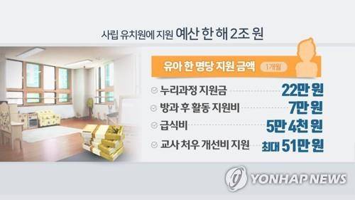 사립 유치원에 지원 예산 한 해 2조원 (CG) [연합뉴스TV 제공]