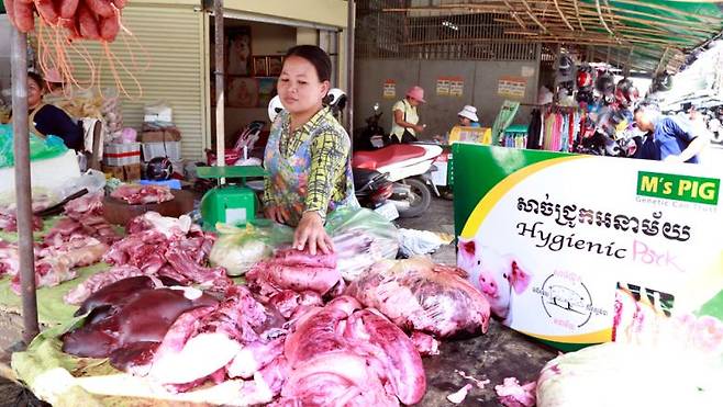 Cambodia`s pork industry has yet to show signs of recovery since it was hit by African swine fever, pork sellers in Phnom Penh said. Photo by Heng Chivoan