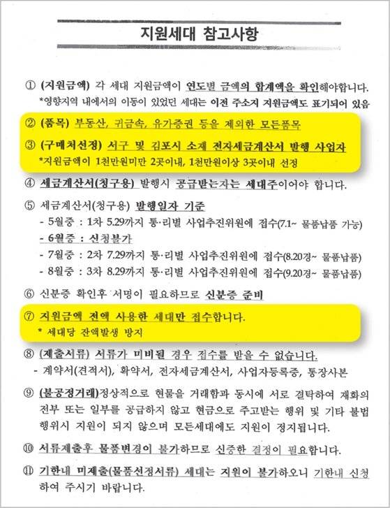 가구별 현물 지원 사업에 신청한 주민들에게 배포된 지원세대 참고사항. / 사진:허인회 기자