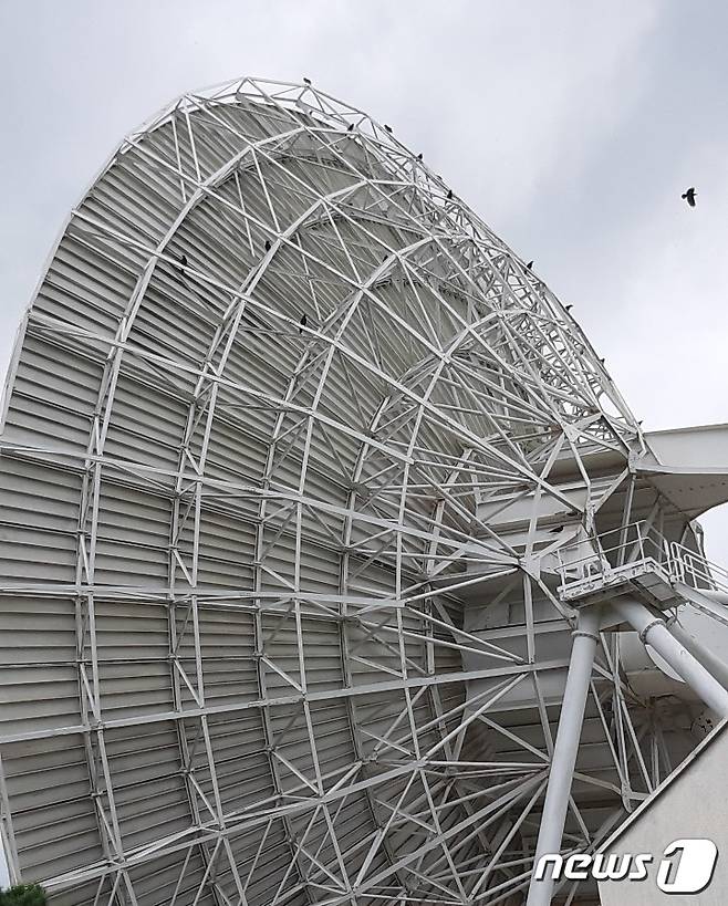 수년 째 흉물로 방치되고 있는 충북 보은군 마로면 적암리 kt sat 보은위성센터 안테나에 2일 까마귀들이 진을 치고 있다. 이 위성센터는 1985년 3월 개국했으나 해저 광케이블이 발달하면서 기능과 활용도가 떨어지고, 수익 창출이 되지 않자 2013년 10월 중계업무를 중단하고 문을 닫았다.2019.08.02. © News1 김기준 기자