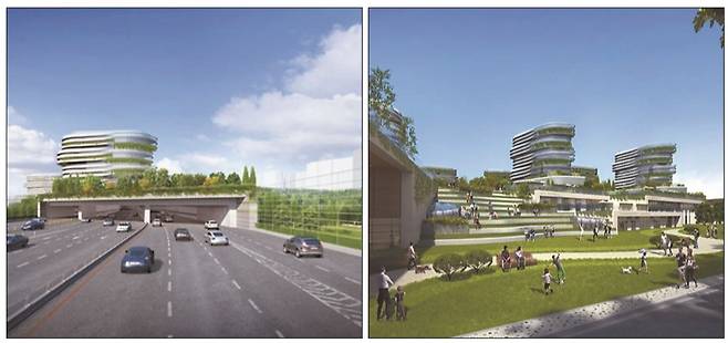 북부간선도로 상부 인공대지 조성 후 단절된 지역의 연결 복원 상상도(왼쪽), 북부간선도로 입체화 후 오픈 스페이스, 입체 보행로, 생활SOC 및 청신호주택 등이 조성된 상상도. [서울시 제공]