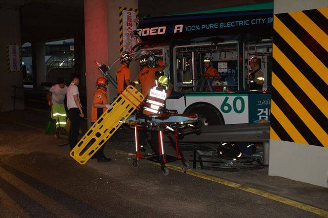 지난달 20일 오전 5시 30분쯤 서울 영등포구 당산역 고가도로 아래에서 달리던 버스가 기둥을 들이받아 운전자 1명이 숨지고 승객 7명이 부상을 입었다. 소방청 제공
