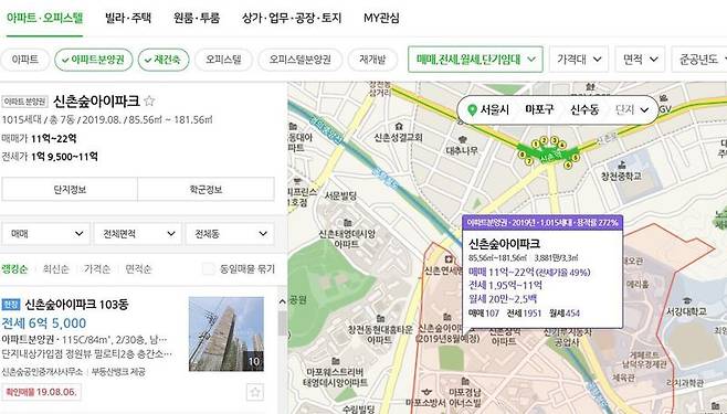 네이버의 부동산 매물 광고 화면