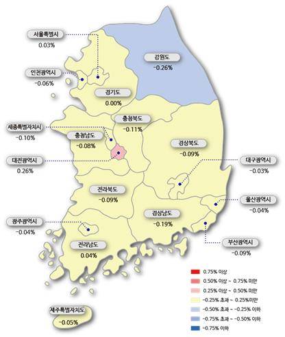 [이미지=시도별 아파트 매매가 변동률(한국감정원 제공)]