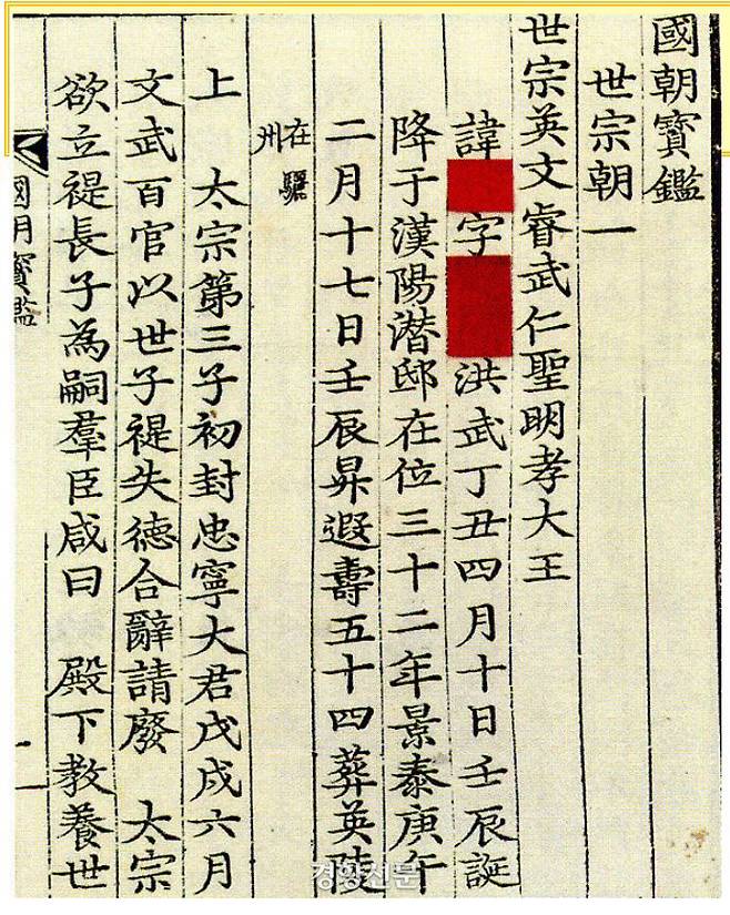 조선시대 국왕의 업적을 뽑아 기록한 <국조보감>. 세종대왕의 이름과 자를 붉은 종이로 가려놓았다. 임금의 이름자를 함부로 침범할 수 없다는 <기휘> 때문이었다. |국립고궁박물관 소장