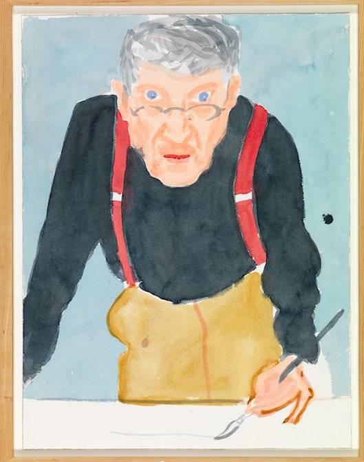 붉은 멜빵을 한 자화상(Self Portrait with Red Braces, 2003, Watercolour on paper 24" x 18 1/8", ⓒ David Hockney) [사진 Richard Schmidt, 그린나래미디어]