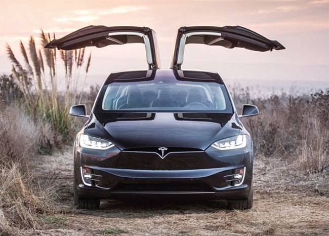 매가 날개를 펼치고 있는 것 같은 모양의 테슬라 ‘모델 X’의 뒷문. 사진 테슬라