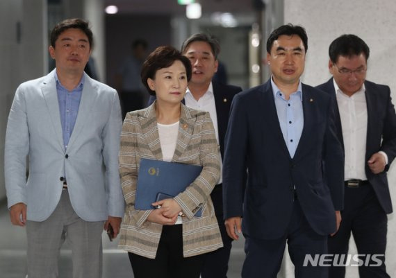 김현미 국토교통부 장관과 민주당 의원들이 12일 서울 여의도 국회 의원회관에서 열린 민간택지 분양가 상한제 당정협의에 참석하고 있다./뉴시스