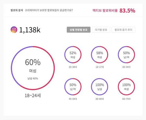 브릭씨의 인플루언서 분석 화면. 각 인플루언서가 보유한 구독자에 대한 정보를 알 수있다. [사진 애드히어로]