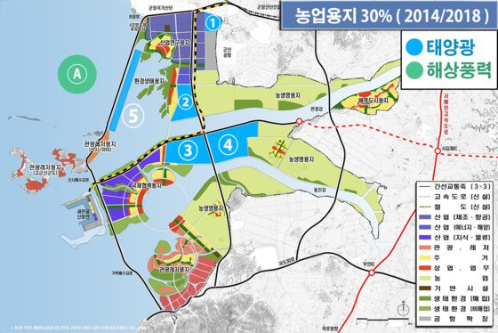 지난해 10월 정부가 변경, 발표한 새만금 내부 개발계획. 산업국제지역이었던 ①②③④⑤는 태양광 발전부지로 변경하고, 방조제 외곽에는 해상풍력단지를 조성한다는 계획이다. [중앙포토]
