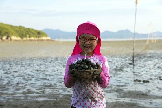 모항 갯벌에서 만난 어린이. 두 손에 모시조개가 한가득이다. 백종현 기자