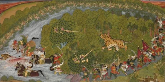 호랑이 사냥의 풍경을 담은 그림. 1800년대 초반에 인도에서 그린 것으로 추정된다.