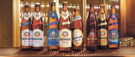 에딩거의 맥주 제품들. 왼쪽부터 크리스탈, 라이트, 무알콜, 바이스비어, 우르바이스, 둔켈, 피칸투스, 겨울맥주인 슈네바이스. [에딩거 제공]