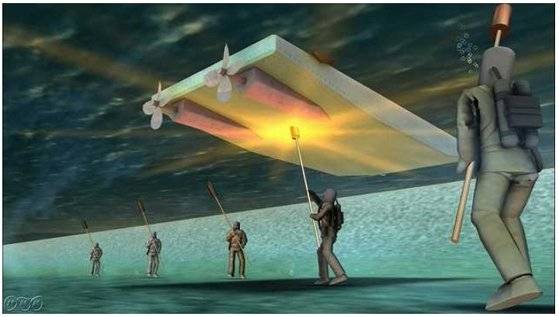 후쿠류 특공대의 작전 개념을 그래픽으로 재현한 NHK 영상. 해저 잠수한 상태에서 긴 막대기 끝에 폭약을 장착한 기뢰봉을 이용해 적 상륙 함정을 폭발시킨다는 계획이었다. [NHK 화면 캡처]