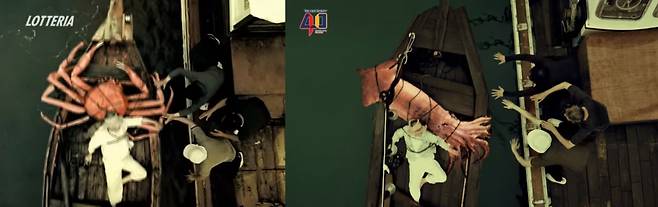 지난 2002년 나온 롯데리아 '크랩버거' 광고(왼쪽)와 20일 롯데리아가 새롭게 선보인 '오징어버거' 광고의 한 장면. /사진=롯데리아 유튜브채널 캡처