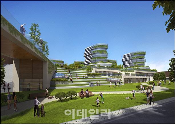 북부간선도로 입체화 후 오픈 스페이스, 입체 보행로, 생활SOC 및 청신호주택 등이 조성된 상상도