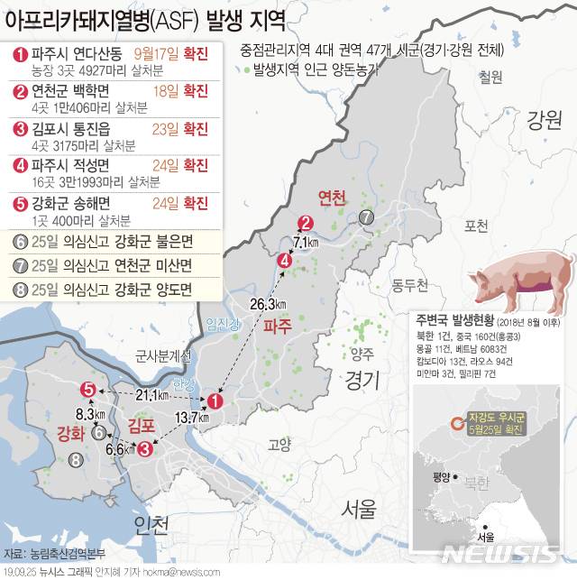 【서울=뉴시스】농림축산식품부에 따르면 25일 인천시 강화군 2곳과 연천군 1곳 양돈농가에서 아프리카돼지열병(ASF) 의심축 신고가 접수됐다. 24일 오후 11시 기준 살처분 대상 돼지는 28개 농장 5만901마리로 2만172마리에 대한 살처분이 완료된 상태다. (그래픽=안지혜 기자) hokma@newsis.com