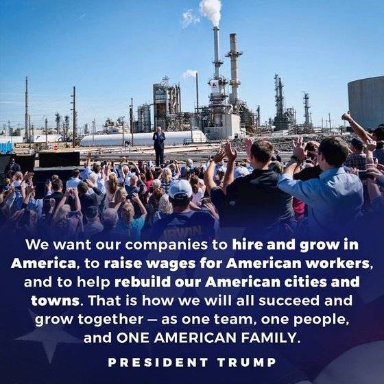 2017년 도널드 트럼프 대통령은 "세제 개혁을 통해 기업이 고용을 늘리고 성장하며, 노동자들이 임금을 인상하고, 미국 도시들을 재건하겠다"고 밝혔다.[트위터]