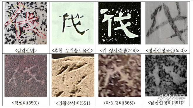 감악산비문에서 등장하는 벌(伐)자는 중국 감숙성 무위에서 확인된 무위의 무덤에서 출토된 ‘무위의례’ 목간의 ‘벌’자와 유사하다. 가운데 一자처럼 그은 획의 양끝이 살짝 올라가있다. 이런 서법은 6세기대 신라고비에서 흔히 나타나며 삼국시대가 끝날 무렵엔 사라진다.   |손환일 박사 제공