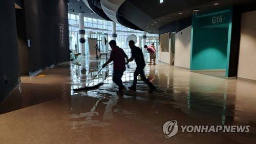 커피 축제 앞두고 들이닥친 빗물 (강릉=연합뉴스) 이해용 기자 = 제18호 태풍 '미탁'의 영향으로 3일 오전 강원 강릉시 강릉아이스아레나에 빗물이 들어와 관계자들이 배수 작업을 하고 있다. 이곳에서는 이날부터 강릉커피축제가 진행될 예정이다. 2019.10.3