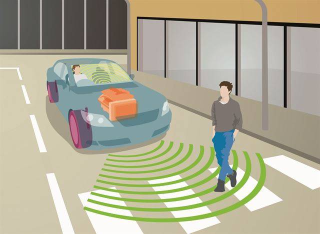 올 7월 이후 생산되는 전기차와 하이브리드차 등에 의무적으로 장착되는 보행자 보호용 어쿠스틱 차량 경고 시스템(AVAS)을 표현한 그림. 하만 제공