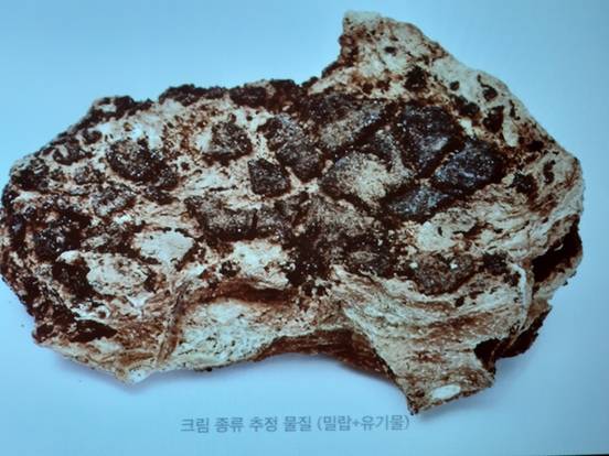 일부 화장품단지 안에서 확인된 크림 종류 추정 화장 물질. 국립고궁박물관의 김효윤 연구사는 "밀랍과 기름에 유기물을 섞어 크림처럼 쓴 것으로 보인다"고 분석했다.