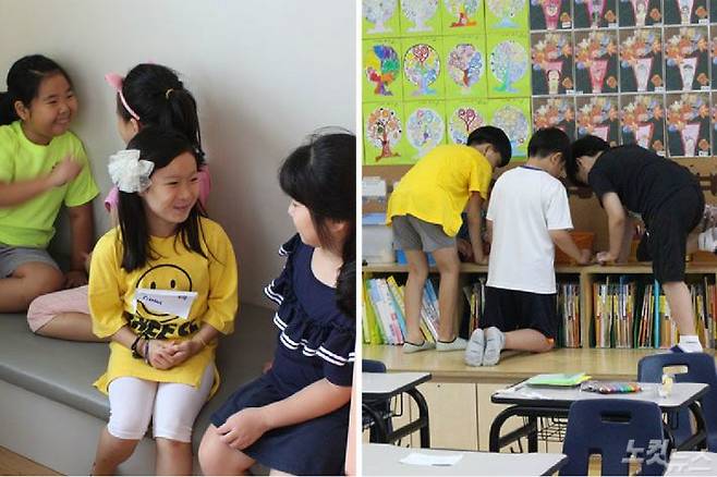 교실 앞에도 앉는 공간이 있어 또래 친구들과 함께 시간을 보낼 수 있다.(좌측) 교실 사물함 위는 평상처럼 돼 있어 학생들이 눕고 쉬는 공간이 되기도 한다.(우측) (사진=정재림 기자)