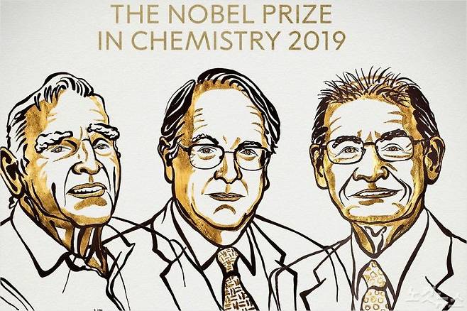 2019년 노벨화학상 수사자들. 존 굿이너프, 스탠리 위팅엄, 요시노 아키라(좌로부터. 이미지=노벨위원회)