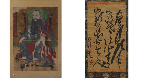 사명대사 진영(왼쪽)과 그가 일본 교토 고쇼지에 남긴 유묵 '최치원의 시구'.