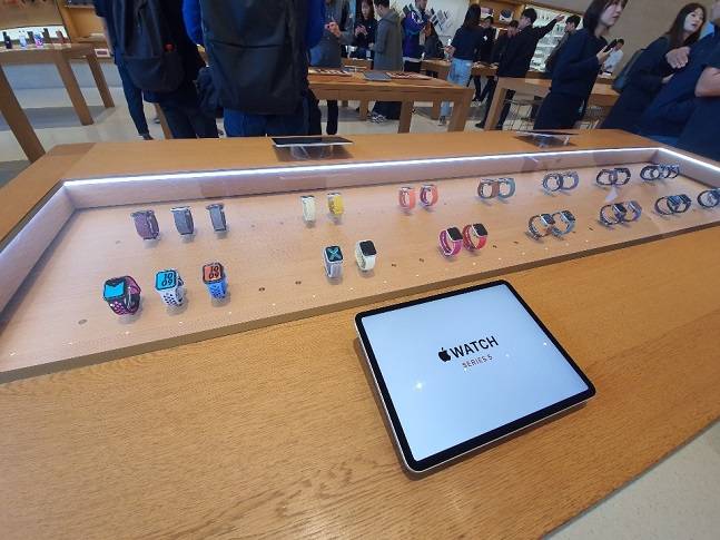 애플 아이폰11이 국내 출시된 25일 오전, 서울 강남구 가로수길 애플 스토어 매장에 애플워치5 제품들이 마련돼 있다.ⓒ데일리안 김은경 기자