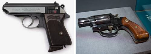 김재규 박선호가 사용한 PPK(왼쪽)와 38리볼버(Smith & Wesson)권총의 동종 모델. (서울=연합뉴스) 김재규는 처음 두 발을 PPK로 쏘았으나 고장이 나자 박선호가 사용하던 38리볼버로 차지철 실장과 박 대통령에게 제3, 제4탄을 발사해 절명시켰다. 두 총 모두 총신과 손잡이 부분이 비교적 짧아 휴대하기에 간편한 편이다.(2019.10.25)