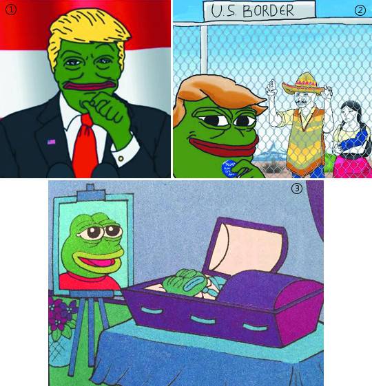 극단적 정치 선전물로 악용된 페페. ① 도널드 트럼프 미국 대통령과 페페를 합성한 그림. ② 트럼프 대통령을 연상시키는 페페가 철조망 바깥에 이민자를 세워두고 미소짓고 있다. ③ 원작자 맷 퓨리가 2017년 페페의 사망 선고를 내리며 게시한 그림. 트위터 캡처