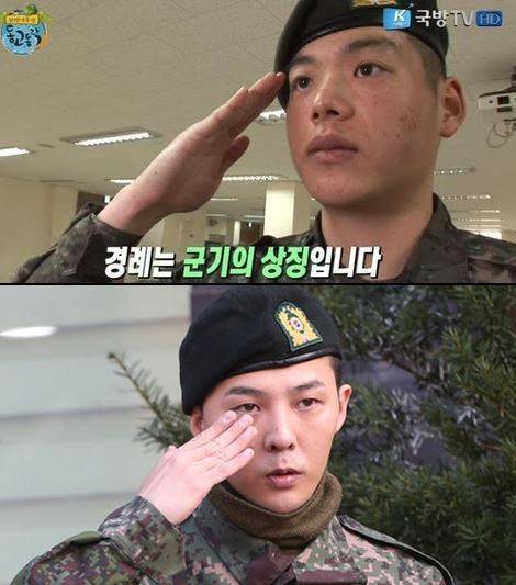 국방TV에 소개된 거수경례 모습(사진 위), 26일 오전&nbsp;경기 용인시 지상작전사령부에서 전역한 가수 지드래곤의 거수경례 모습. 국방TV유튜브, 연합뉴스 갈무리