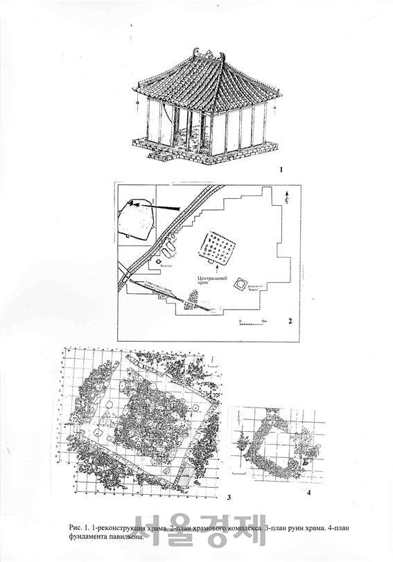 러시아 극동역사학고고학민족학연구소가 발해 염주성 사찰터에서 발굴한 내용을 토대로 제작한 금당복원도와 우물평면도, 사찰터평면도의 모습./자료제공=동북아역사재단