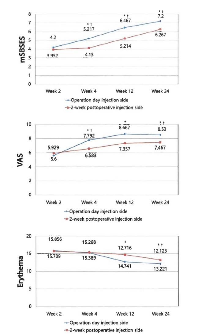 나보타 투여 후 2, 4, 12, 24주째 흉터 평가 척도, 환자만족도, 홍반지수 평가 결과. ⓒ대웅제약