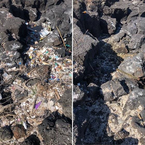 지난 5월 월정해변. 왼쪽은 쓰레기가 가득 쌓인 모습이고 오른쪽은 수거활동 후의 모습. 세이브제주바다