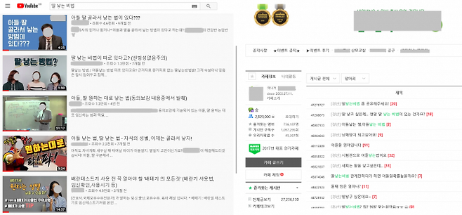 유튜브와 맘카페 등에서는 원하는 성별을 선택해 임신하는 비법이 널리 퍼져 있다. 유튜브, 네이버카페 제공