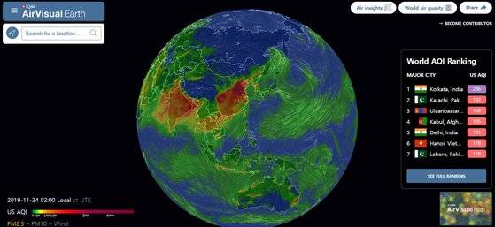 에어비주얼의 실시간 대기오염 지도. 자세한 내용은 디지털스페셜 '대기오염과 전쟁-도시이야기(https://news.joins.com/Digitalspecial/407)'에서 확인할 수 있다. [에어비주얼 어스 캡처]