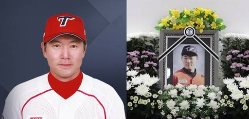 김민호 프로야구 KIA 타이거즈 수석 코치(왼쪽 사진)와 숨진 아들인 김성훈(한화 이글스)의 영정 사진. 연합뉴스