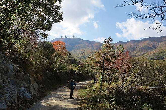 상가저수지 남측 호안길에서 서남으로 올려다 보이는 가야봉 정상. 실제 정상은 왼쪽이다. 오른쪽 끝 송수신탑 오른쪽 아래 집 지붕처럼 각角 진 곳이 정상을 대신하는 가야봉전망데크가 있는 곳이다.