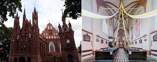 성 앤 교회와 종탑, 그 사이로 성 프란체스코 교회가 보인다(좌). 성 앤 교회의 내부 모습, 양쪽 벽에는 십자가의 길을 나무에 새긴 부조들이 걸려있다(우) 사진=(우) Wikipedia