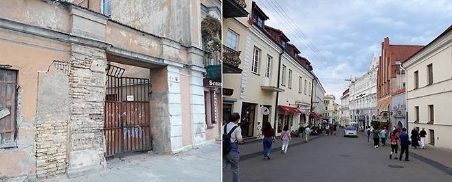 '새벽의 문' 밖 거리풍경. 건물들이 쇠락한 모습이다(좌). 새벽의 문 안 거리 모습. 깔끔하게 정비돼 있다. 거리에는 리넨가게가 많다(우).