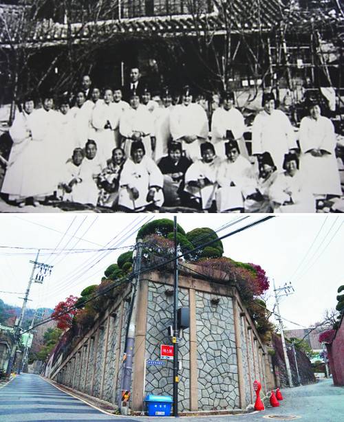 1920년대 서울 청운동 청운양로원(흑백)과 같은 터의 현재 모습. 1960년대 청운양로원이 구기동으로 이전하면서 현대그룹 정주영 회장의 저택으로 사용됐다. 지금도 정씨일가 저택이다.
