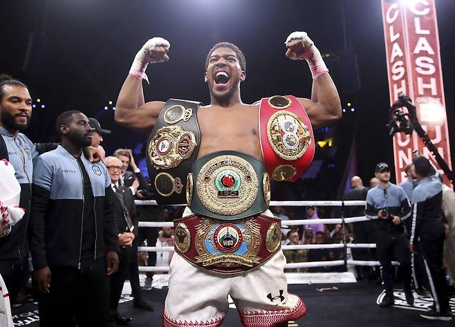 영국의 앤서니 조슈아가 앤디 루이즈를 물리치고 환호하고 있다.[AP=연합뉴스]