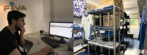 필자에게 아르헨티나 배구에 대해 설명해준 배구협회 직원 마누엘(Manuel). 필자에게 정보를 찾아 설명하기 위해 컴퓨터를 들여다 보는 모습이다. 오른쪽은 국가대표팀의 유니폼, 단체복, 배구공 등이 보관돼 있는 창고.