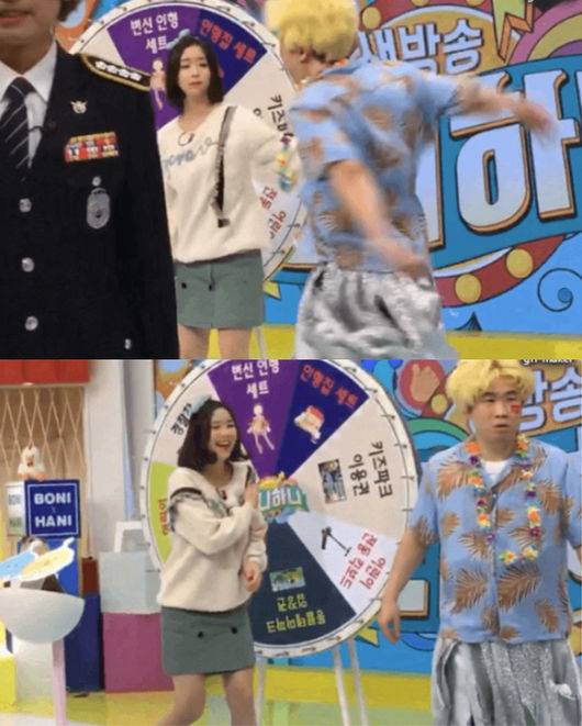 [사진=온라인 커뮤니티] '보니하니'에 출연 중인 코미디언 최영수가 하니로 활약 중인 버스터즈 채연에게 폭행을 가한 의혹에 휩싸였다. 사진은 논란이 된 채연과 최영수의 영상 장면.