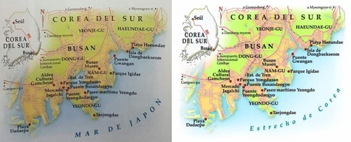 지도 속 '일본해'(왼쪽)가 '대한해협'으로 바뀐 아르헨티나 매체 위켄드 기사 [주아르헨티나 한국문화원 제공]