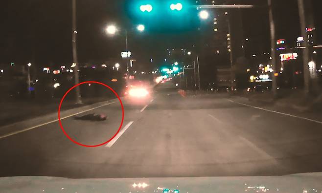 지난 13일 오후 10시 40분쯤, 전남 광양시 중동의 한 편도 3차로 도로에서 1차로에 술에 취한 남성이 누워 있다. [사진=김주봉씨 제공]