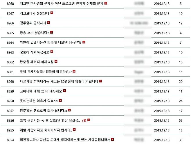 tvN ‘코미디 빅리그’ 게시판. ‘양준일’ 패러디 비난글이 쇄도하고 있다.